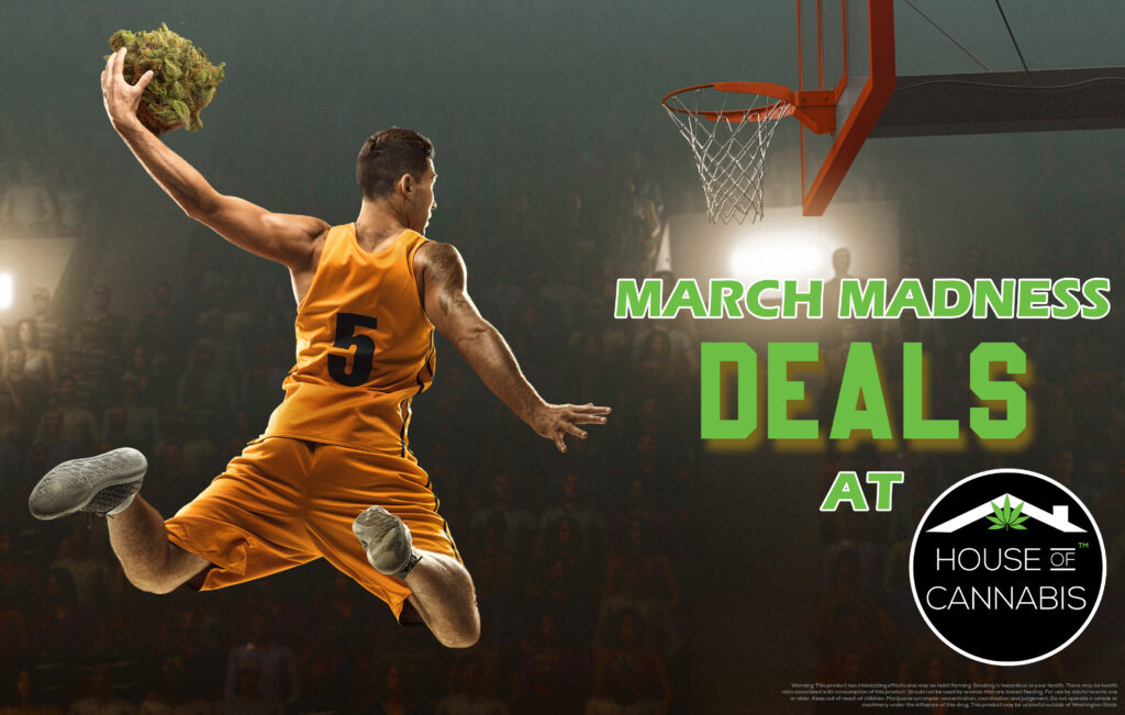 A photo depicting a player about to dunk a basketball sized cannabis nug through a basketball hoop, with a message suggesting deals during March.